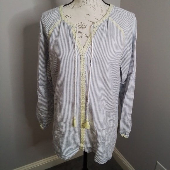 Spartina 449 Carlen Tunic Carolina Blue Stripe Yellow Embroidery & Tassel - M - Picture 6 of 16